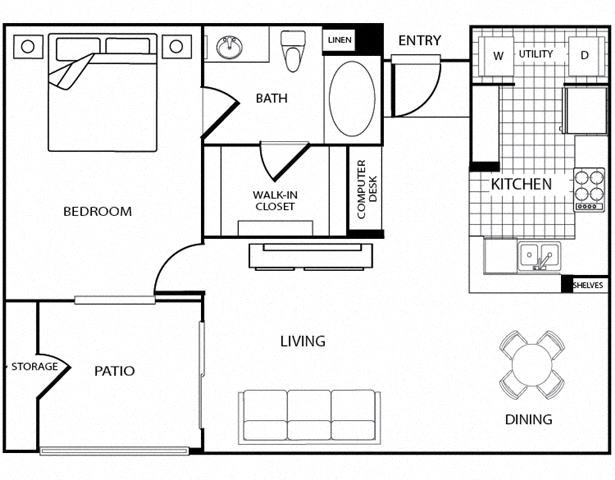 Floor plan for 1 bed, 1 bath, 832 sqft